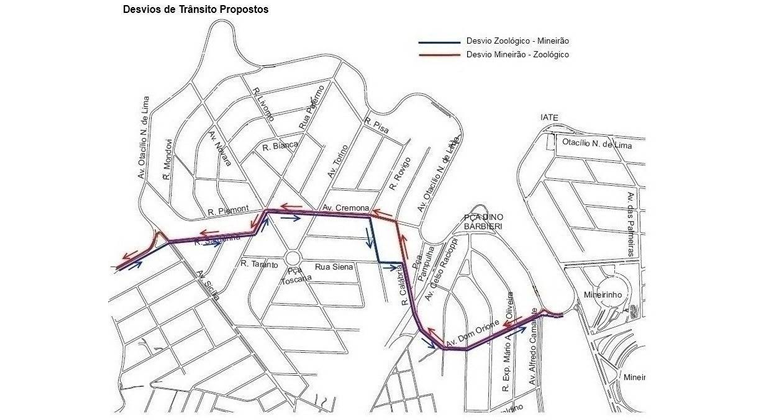 Mapa dos desvios de trânsito da corrida Corra para Night, no sábado, dia 6/4. 