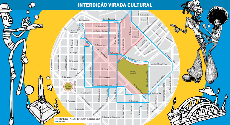 Mapa da operação de trânsito no Centro para a Virada Cultural 2019.