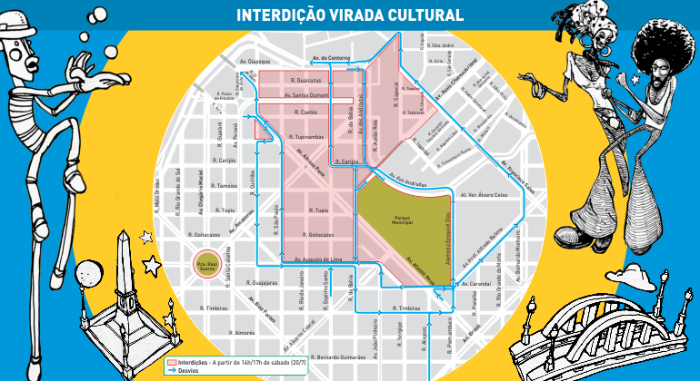 A BHTrans realiza operação de trânsito e transportes para a Virada Cultural de Belo Horizonte 2019 entre os dias 19 e 22/7. Arte: PBH Mapa da operação de trânsito no Centro para a Virada Cultural 2019.