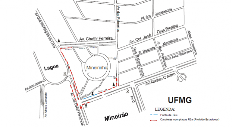 A BHTrans realiza operação de trânsito na região do Mineirinho na quinta-feira, dia 18/4, para Missa da Unidade. Arte: PBH Mapa da operação de trânsito na região do Mineirinho na quinta-feira, dia 18/4, para Missa da Unidade.
