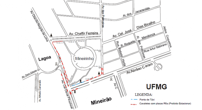 Mapa da operação de trânsito na região do Mineirinho na quinta-feira, dia 18/4, para Missa da Unidade.