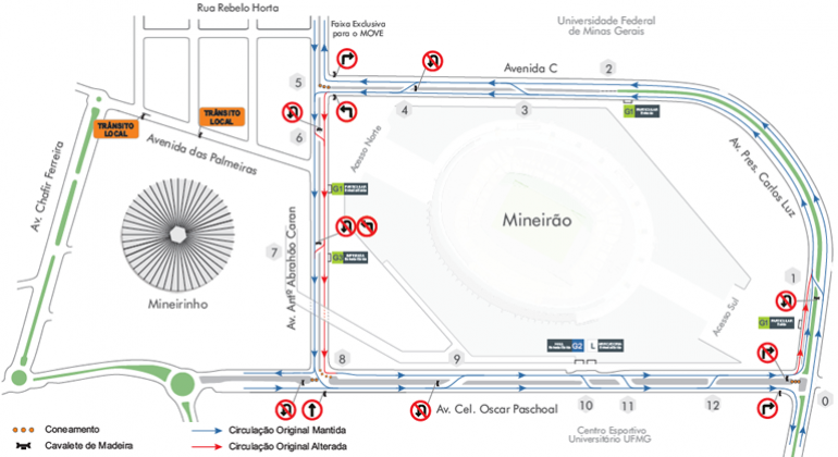 Arte: PBH Mapa da operação de trânsito para o evento VillaMix, que acontece no Mineirão, no dia 30/3.