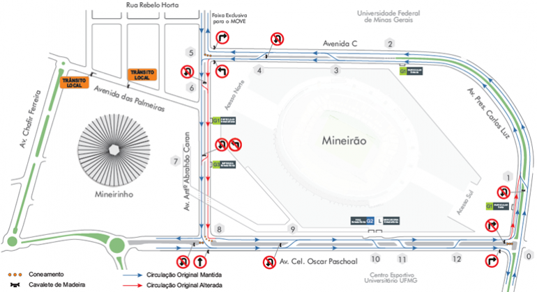 Mapa da operação de trânsito para o evento VillaMix, que acontece no Mineirão, no dia 30/3.