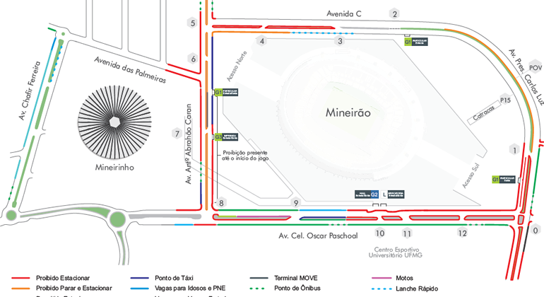 BHTrans realiza operação especial de trânsito e transportes no entorno do Mineirão para o evento "Lança Esplana", no sábado, dia 4/5. Arte: PBH Mapa da operação de trânsito no entorno do Mineirão para o evento "Lança Esplana", no sábado, dia 5/5.