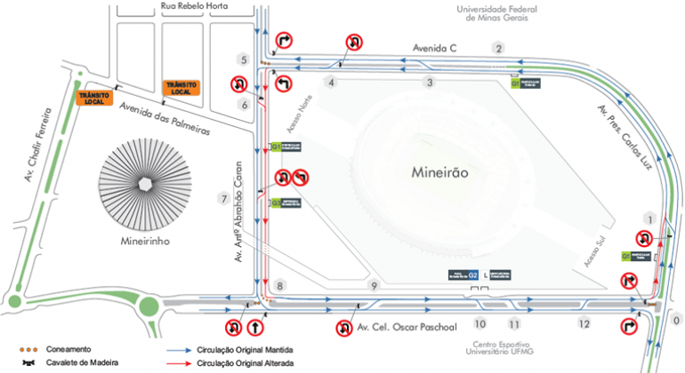 Mapa de operação especial de trânsito no entorno do Mineirão para o show do Los Hermanos no dia 26/4.