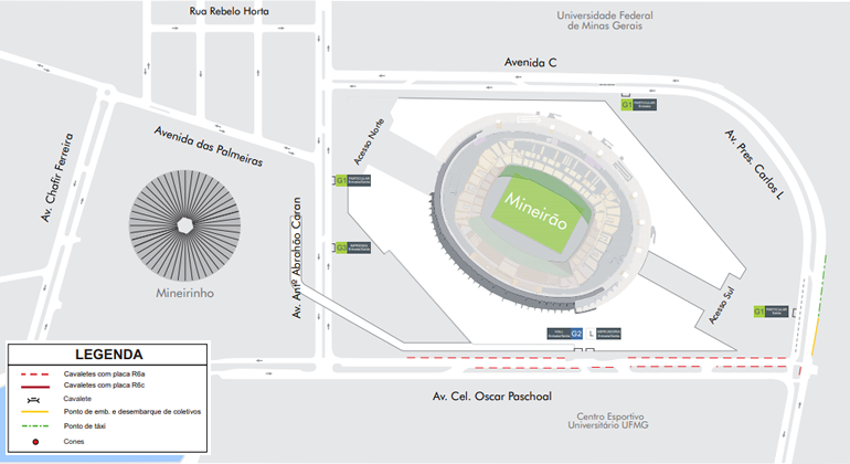 Mapa da operação de trânsito para evento Made in China, que acontece nos dias 26 e 27/10, no estacionamento do Mineirão. 