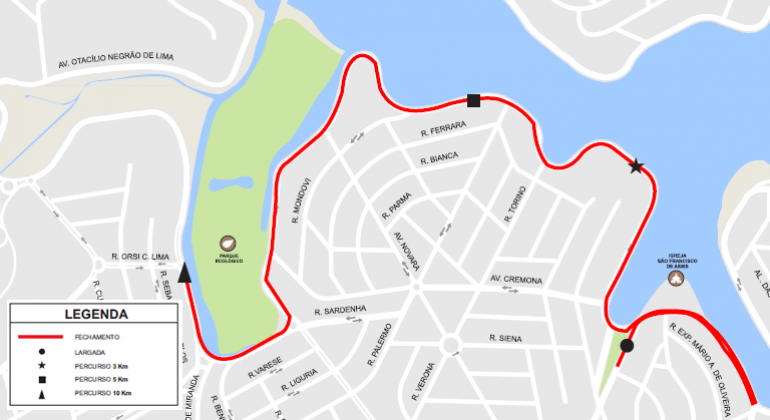 Corrida Circuito das Estações - Etapa Outono, realizada no dia 24/3, terá operação de trânsito e transportes. Arte: PBH Mapa de operação de trânsito da Corrida Circuito das Estações - Etapa Outono
