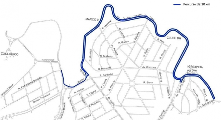 BHTrans realiza operação de trânsito e transportes para a 8ª Corrida da Cooperação, no domingo, dia 4/8, na orla da Pampulha. Arte: PBH Mapa da operação de trânsito da 8ª Corrida da Cooperação, na Pampulha, no dia 4/8