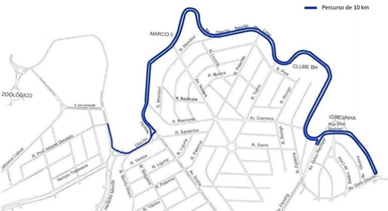 Mapa da operação de trânsito da 8ª Corrida da Cooperação, na Pampulha, no dia 4/8