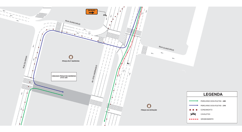 Mapa do trajeto e da operação de trânsito do evento Maratona & Meia Maratona das Gerais, realizado no dia 18/8.