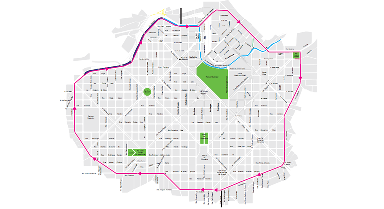 BHTrans realiza operação de trânsito e transportes para a 3ª Volta Internacional da Contorno, no domingo, dia 21/4. Arte: PBH Mapa do itinerário da 3ª Volta Internacional da Contorno, realizada no doingo, dia 21/4.