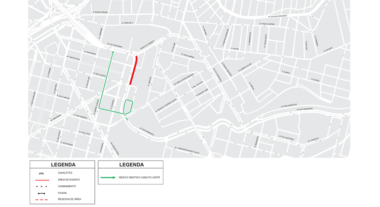 Mapa da operação trânsito para eventos Marcha para Jesus e Som do Brasil, dias 15 e 17/11, nas regiões Leste e Central.