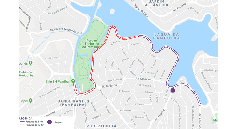 Orla da Pampulha tem operação de trânsito e transportes para corrida Neon Night Run, no sábado, dia 2/11. Arte: PBH Mapa do itinerário da corrida Neon Night Run, no sábado, dia 2/11