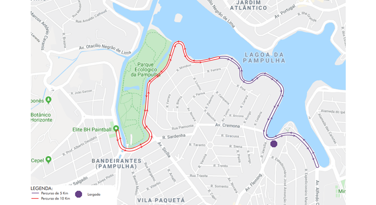 Mapa do itinerário da corrida Neon Night Run, no sábado, dia 2/11