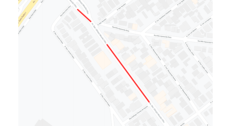 No domingo, dia 3/11, a BHTrans realiza alteração no transporte coletivo para realização de obra de drenagem no Bairro Itapoã. Arte: PBH Mapa de trecho interditado da avenida General Olímpio Mourão Filho, entre a rua Gilca Cioto Silva e rua Geólogo Thomaz de Aquino, no bairro Itapoã.