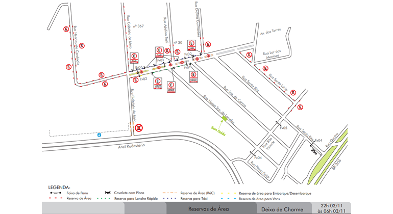 Mapa da operação de trânsito do bairro Olhos D’Água, nos dias 2 e 3/11. 