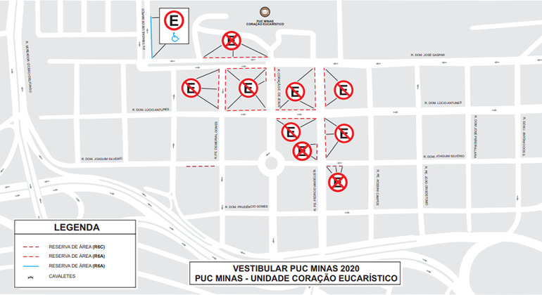 Arredores da PUC Minas têm operação de trânsito para o vestibular no domingo, dia 27/10, no campus Coração Eucarístico. Arte: PBH Mapa da operação de trânsito nos arredores da PUC Minas no domingo, dia 27/10, no campus Coração Eucarístico, para o vestibular.