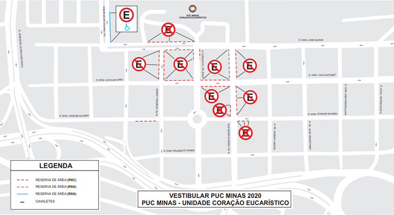 Mapa da operação de trânsito nos arredores da PUC Minas no domingo, dia 27/10, no campus Coração Eucarístico, para o vestibular.