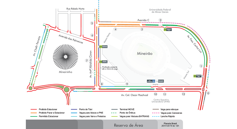 Entorno do Mineirão tem operação especial de transporte e trânsito no sábado, dia 26/1, devido a Festival Planeta Brasil. Arte: PBH Mapa da operação de trânsito entorno do Mineirão realizada no dia 26/1 devido a evento Festival Planeta Brasil.