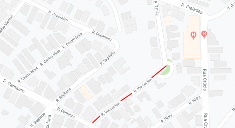 BHTrans realiza mudança no transporte coletivo no Bairro Santa Lúcia em função de obra de recapeamento de 27 a 31/8. Arte: PBH Mapa da operação da interdição da Rua Via Láctea, no bairro Santa Lúcia.