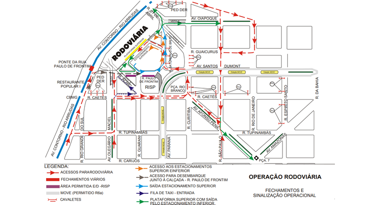 As medidas visam organizar e garantir a fluidez de veículos e pedestres e a operacionalização do terminal. Arte: PBH Mapa da operação de trânsito na Rodoviária, a partir do dia 11/10.
