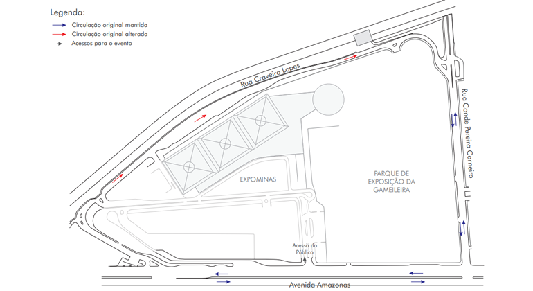 A BHTrans realiza operação de trânsito em função de evento XXV SNPTEE 2019, realizado entre os dias 10 e 13/11, no Expominas. Arte: PBH Mapa da operação de trânsito no Expominas para evento XXV SNPTEE 2019, de 10 a 13/11.
