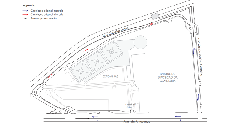 Mapa da operação de trânsito no Expominas para evento XXV SNPTEE 2019, de 10 a 13/11.