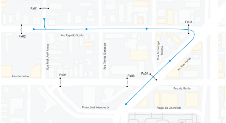 Mapa do desvio de trânsito realizado da Praça da Liberdade em função do evento Sensualiza BH, no dia 29/6.