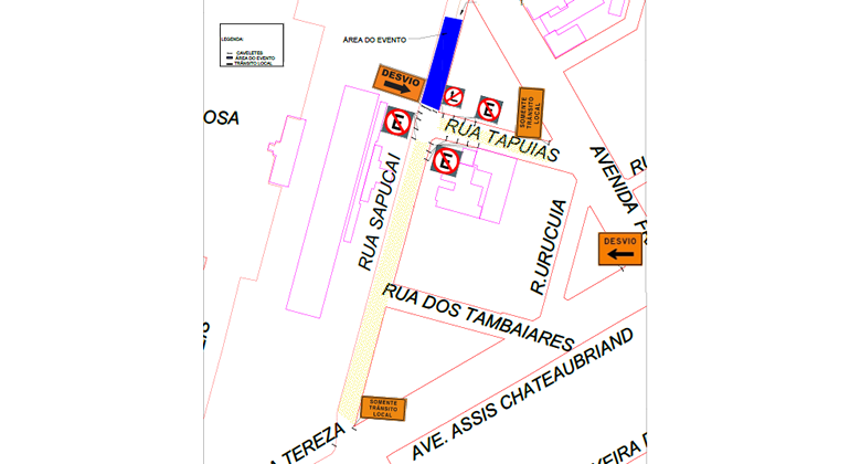 Mapa da operação de trânsito na rua Sapucaí para evento no dia 28/7.