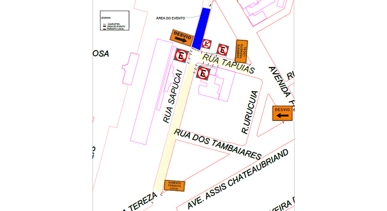 Em função de evento TNT Energy Stage, a rua Sapucaí, entre av. Assis Chateaubriand e rua Tapuias, será interditada nos dias 27 e 28/7. Arte: PBH Mapa da operação de trânsito na rua Sapucaí para evento no dia 28/7.
