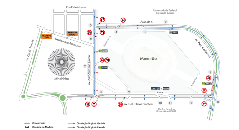 A BHTrans realiza operação de trânsito e transportes para 1ª Caminhada Hospital Felício Rocho, no domingo, dia 1º/12, no Barro Preto. Arte: PBH Mapa da operação de trânsito para o evento Tardezinha, dia 1º/12, domingo, no Mineirão