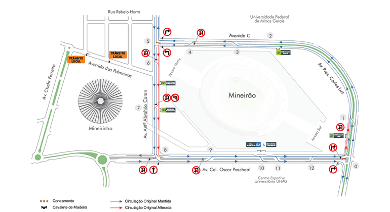 Mapa da operação de trânsito para o evento Tardezinha, dia 1º/12, domingo, no Mineirão