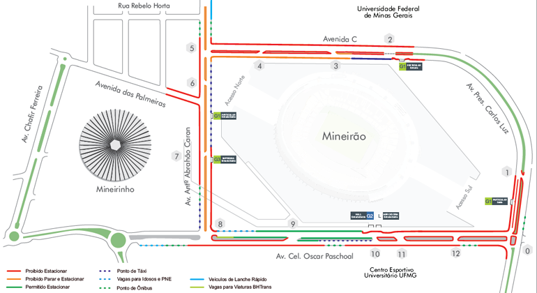 Mapa de opéração de trânsito e transportes no entorno do Mineirão para Show Turnê Amigos 20 Anos, com início às 16h do dia 20/7. 