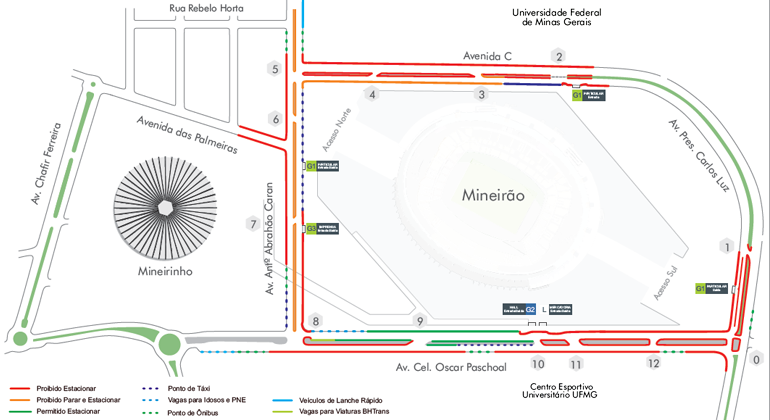 BHTrans realiza operação de transporte e trânsito no entorno do Mineirão para Show Turnê Amigos 20 Anos, com início às 16h do dia 20. Arte: PBH Mapa de opéração de trânsito e transportes no entorno do Mineirão para Show Turnê Amigos 20 Anos, com início às 16h do dia 20/7.