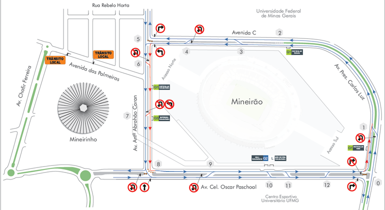 Mapa da operação de transportes e trânsito realizada para o evento Baile da Santinha, no Mineirão, no dia 2/2.