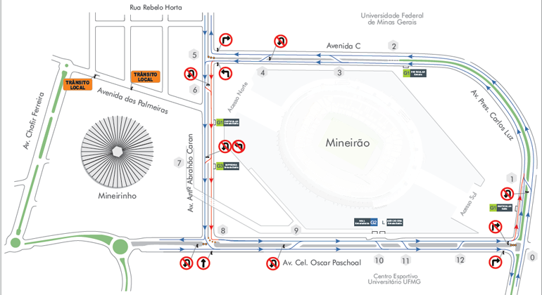 BHTrans faz operação especial de trânsito e transporte para evento Baile da Santinha, que acontece no dia 2/2. Arte: PBH Mapa da operação de transportes e trânsito realizada para o evento Baile da Santinha, no Mineirão, no dia 2/2.