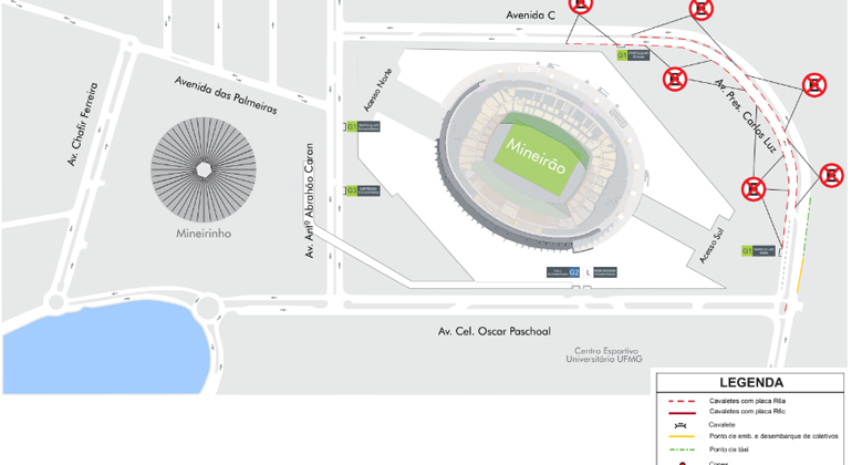 Mapa da operação de trânsito para evento no Mineirão no dia 21/9. 