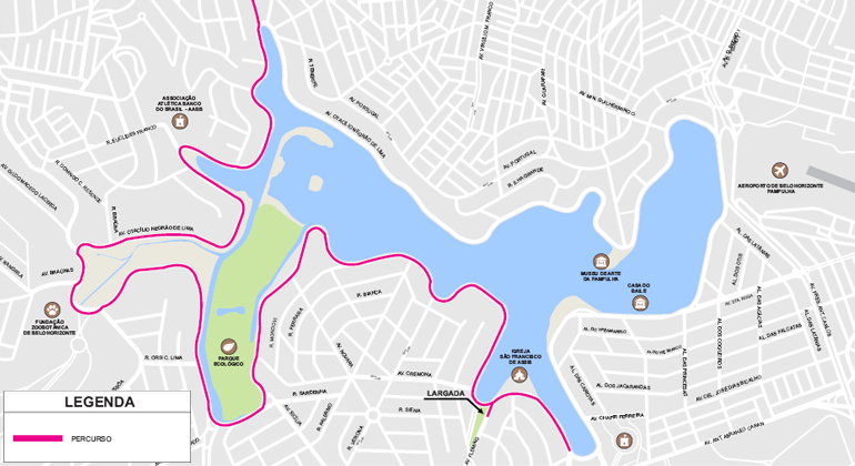 BHTrans realiza operação de trânsito e transportes na Pampulha para Corrida Circuito das Estações - Etapa Primavera, domingo, dia 1/9. Arte: PBH Mapa do itinerário da Corrida Circuito das Estações - Etapa Primavera, na Lagoa da Pampulha.