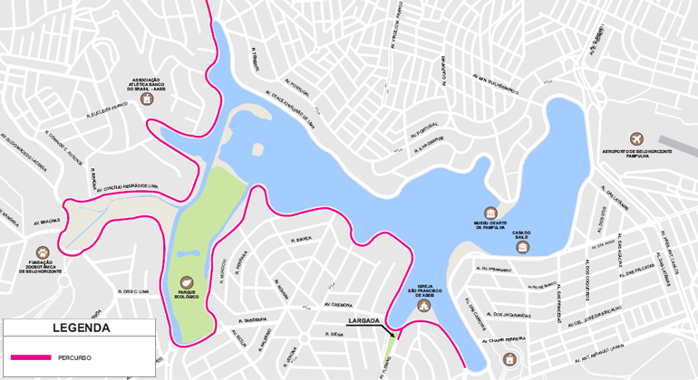 Mapa do itinerário da Corrida Circuito das Estações - Etapa Primavera, na Lagoa da Pampulha.