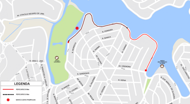 Mapa do trajeto da corrida Onde Está Wally?, na orla da Lagoa da Pampulha, no dia 18/8.