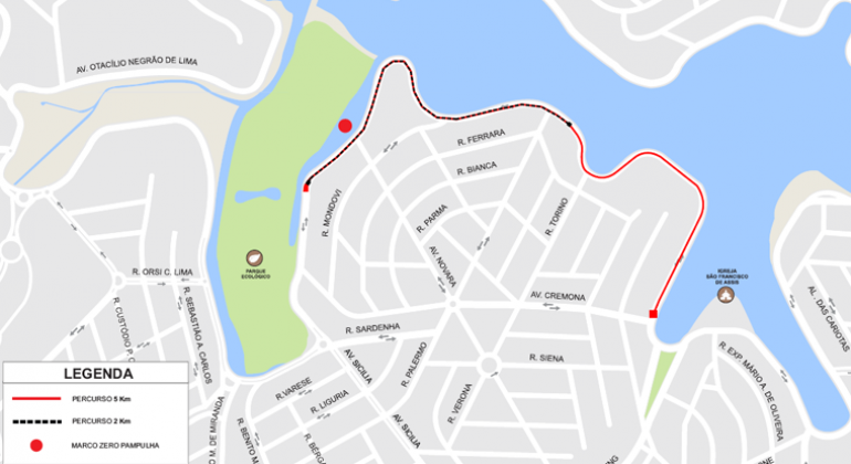 BHTrans realiza operação de trânsito e transportes na orla da Lagoa da Pampulha para a Corrida Onde Está Wally?, no domingo, dia 18/8. Arte: PBH Mapa do trajeto da corrida Onde Está Wally?, na orla da Lagoa da Pampulha, no dia 18/8.