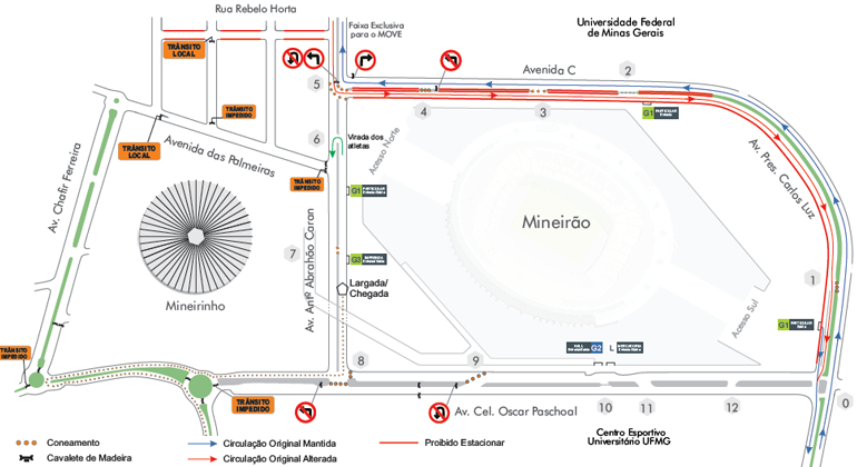 Mapa da operação de trânsito para a Corrida Run & Burn, realizada na Orla da Pampulha no dia 19/5.