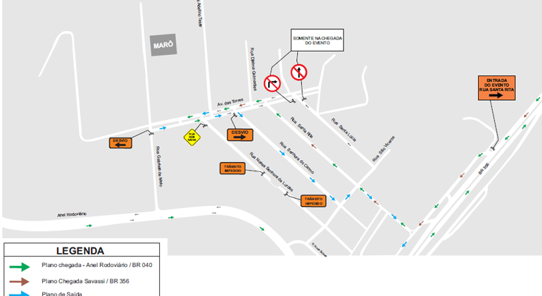 Mapa da operação de trânsito no bairro Olhos D'água nos dias 20 e 21/9.