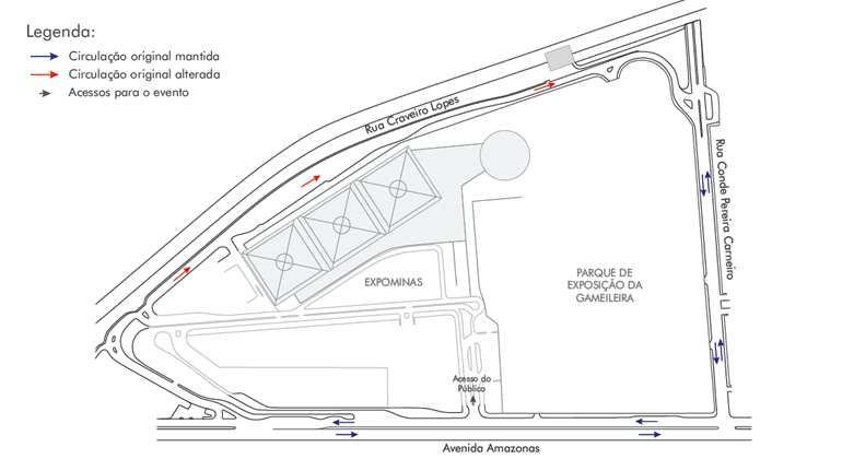 Mapa da operação de trânsito no parque da Gameleira, de 16 a 27/7