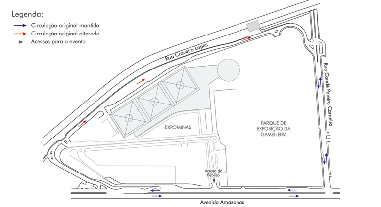 38ª Exposição do Cavalo Mangalarga Marchador acontece no Parque de Exposições da Gameleira, de 16 a 27/7, das 8h às às 22h. Arte: PBH Mapa da operação de trânsito no parque da Gameleira, de 16 a 27/7