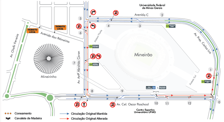 BHTrans realiza operação especial de trânsito e transportes para evento Festival Brasil Sertanejo, na Esplanada do Mineirão. Arte: PBH Mapa da operação de trânsito o Festival Brasil Sertanejo, no dia 11/5, no Mineirão