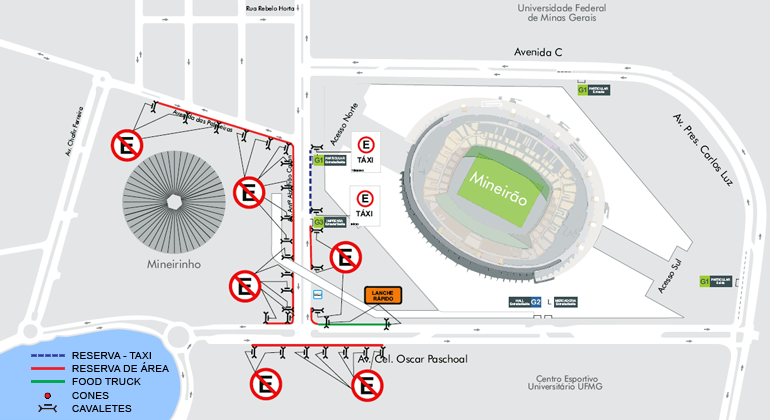 BHTrans realiza operação especial de trânsito e transportes no entorno do Mineirão em função do Festival Internacional de Cerveja e Cultura 6ª Edição, dos dias 10 e 11/8. Arte: PBH Mapa da operação especial de trânsito e transportes no entorno do Mineirão em função do Festival Internacional de Cerveja e Cultura 6ª Edição, dos dias 10 e 11/8