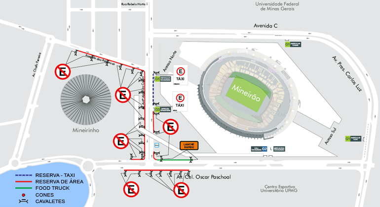 Mapa da operação especial de trânsito e transportes no entorno do Mineirão em função do Festival Internacional de Cerveja e Cultura 6ª Edição, dos dias 10 e 11/8