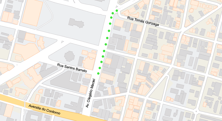 BHTrans realiza alteração no itinerário de transporte coletivo em virtude de içamento a ser realizado na av. Olegário Maciel, no dia 25/8. Arte: PBH Mapa de trecho da avenida Olegário Maciel a ser interditado em função de içamento no dia 25/8.