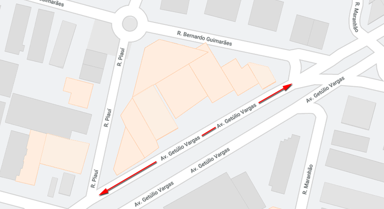 A BHTrans interdita a av. Getúlio Vargas, entre as ruas Bernardo Guimarães e Piauí, em função dos 25 Anos de Barbazul, nos dias 20 e 21/7. Arte: PBH Mapa da operação de trânsito realizada na av. Getúlio Vargas, entre as ruas Bernardo Guimarães e Piauí, em função dos 25 Anos de Barbazul, nos dias 20 e 21/7.